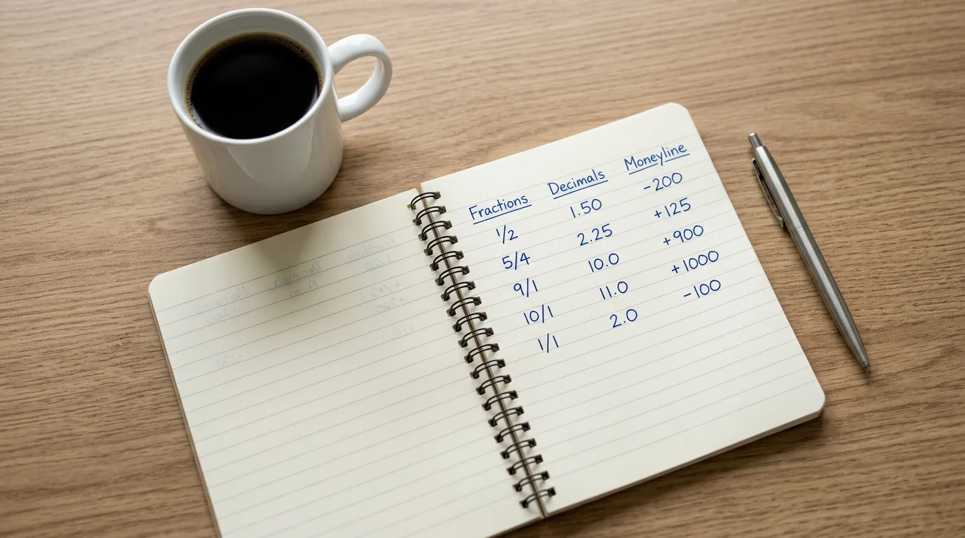 Notebook and pen on a desk showing UFC betting odds in fractional, decimal, and moneyline formats