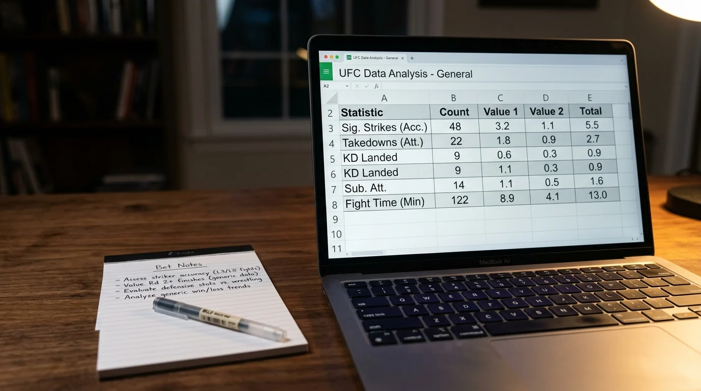 Close-up of a laptop screen displaying UFC fight statistics and performance data used for betting analysis