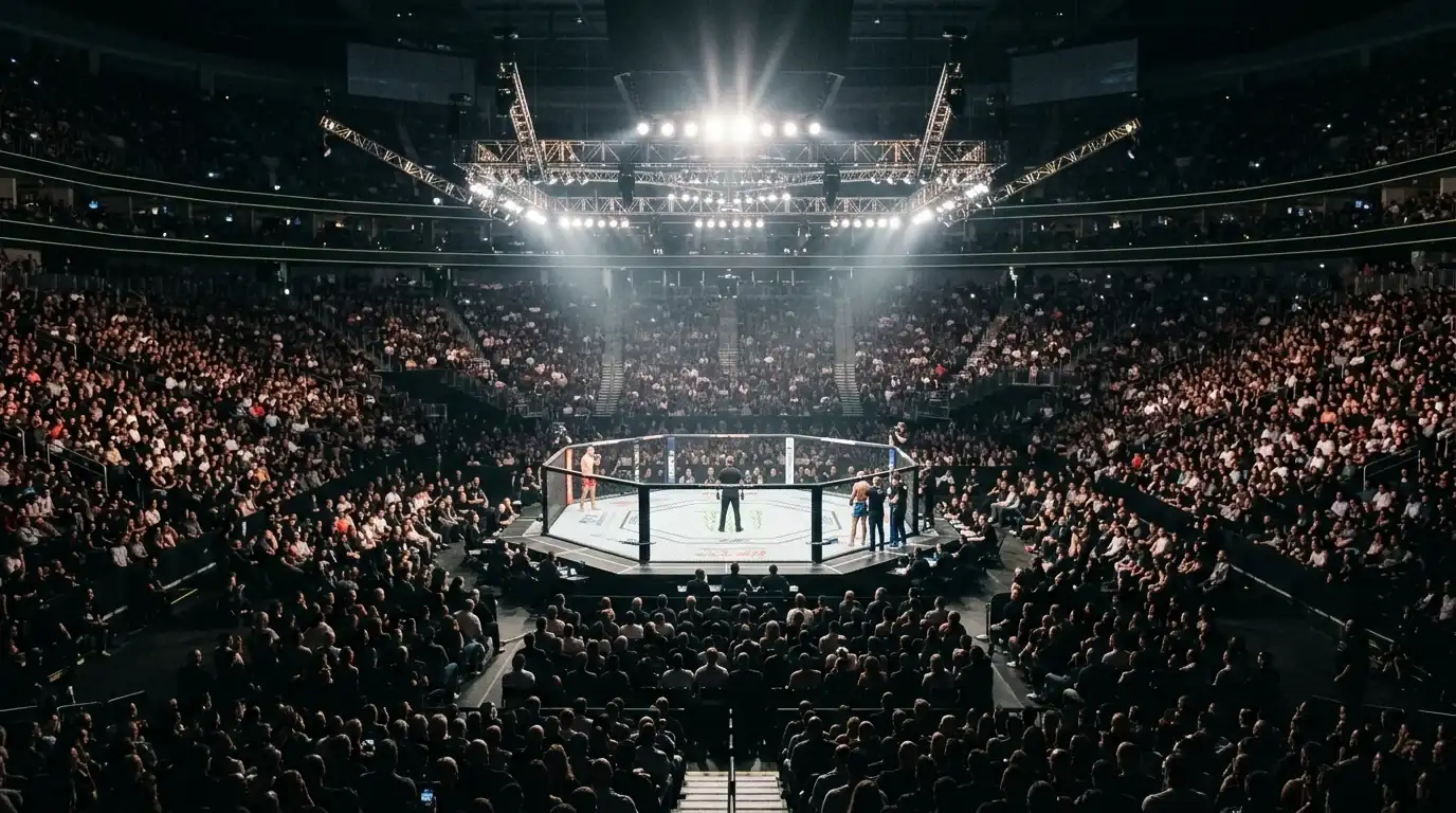 UFC octagon during a live fight with arena lighting and crowd watching the action between rounds