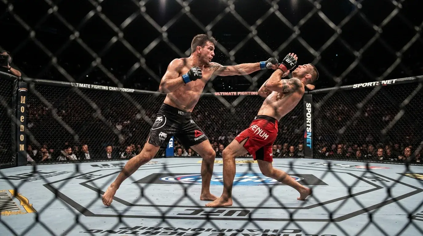 Two MMA fighters competing inside the octagon with one landing a strike during a UFC event